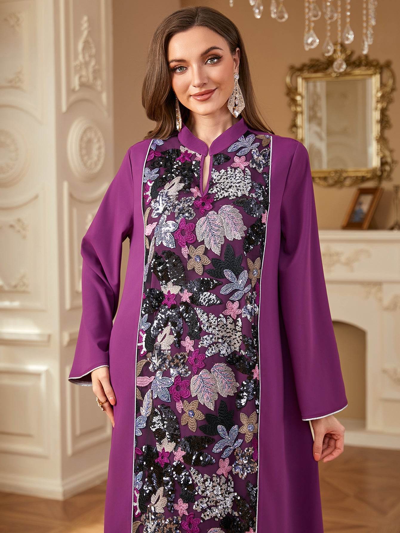 Asiya Embroidered Panel Abaya – Elegant Floral Long Dress