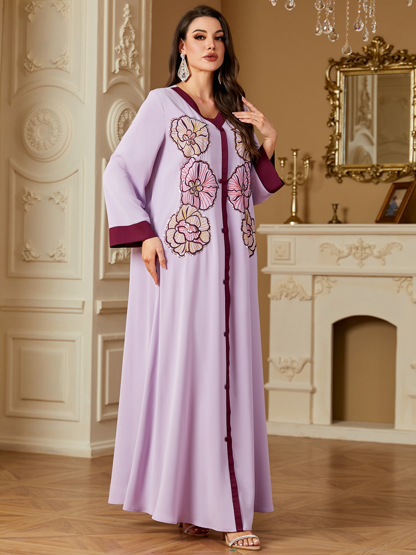 Hawa Embroidered Abaya – Lilac Floral Buttoned Kaftan