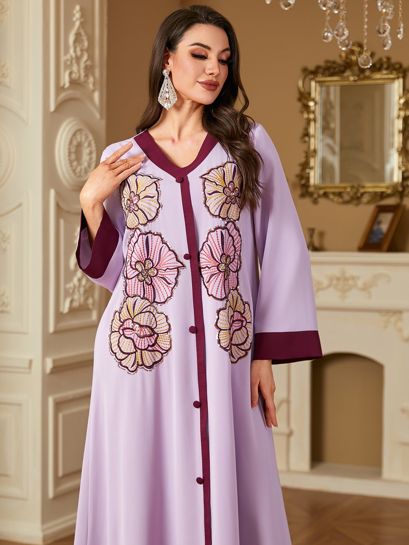 Hawa Embroidered Abaya – Lilac Floral Buttoned Kaftan