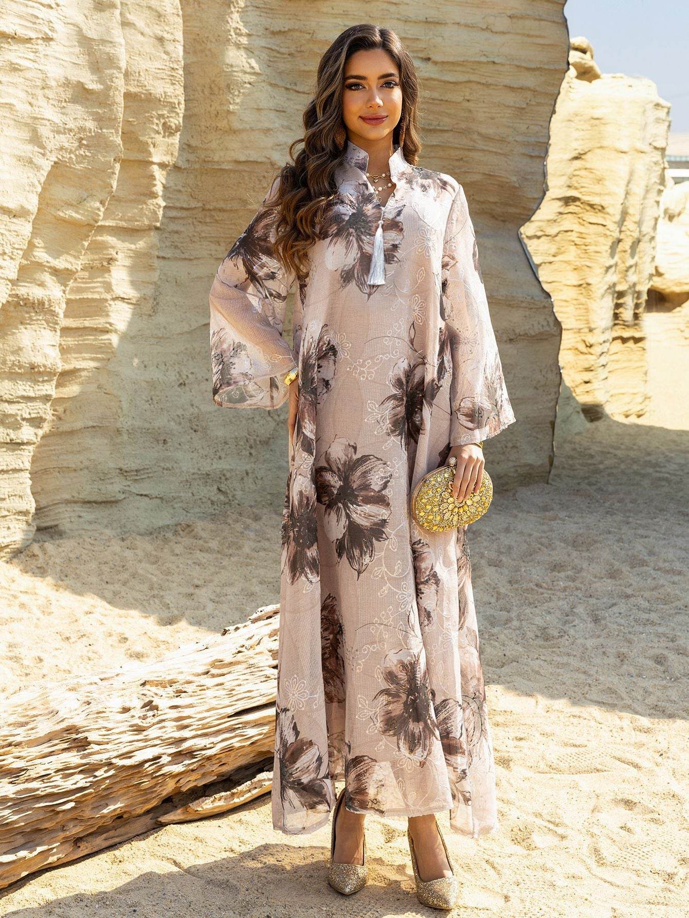 Maryam Floral Chiffon Abaya – Soft Beige Modest Dress
