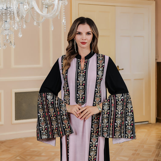 Nayla Zahra Embroidered Abaya – Black & Lilac Elegance
