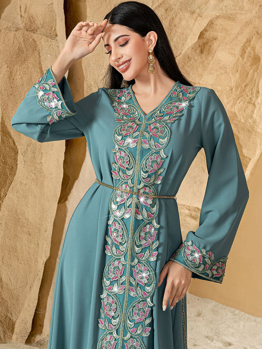 Rahma Embroidered Belted Abaya – Sea Green Modest Occasion Dress