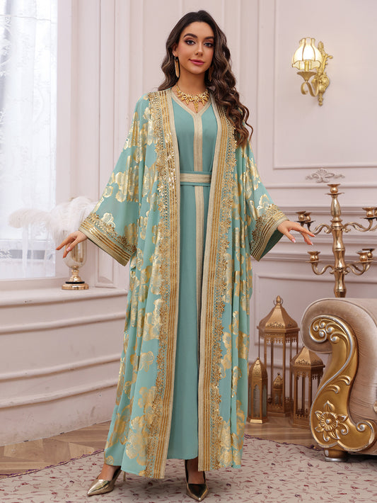 Aliyah Mint Gold Abaya Set – Elegant 2-Piece Occasion Dress