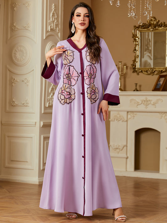 Hawa Embroidered Abaya – Lilac Floral Buttoned Kaftan