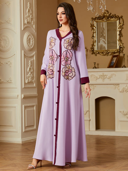 Hawa Embroidered Abaya – Lilac Floral Buttoned Kaftan