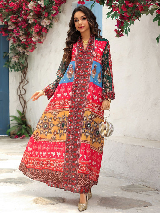Bilqis Printed Kaftan – Royal Multicolor Maxi Dress